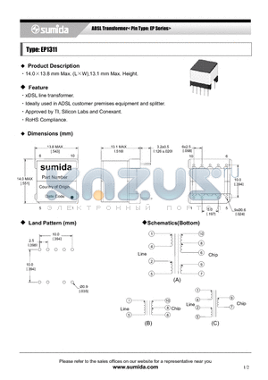 T10100 datasheet - ADSL Transformer < Pin Type: EP Series>