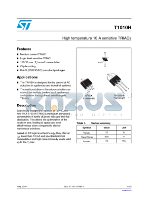 T1010H-6G datasheet - High temperature 10 A sensitive TRIACs