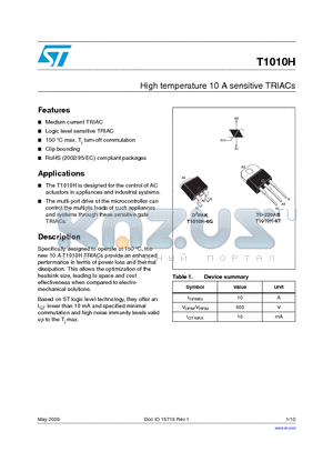 T1010H-6G-TR datasheet - High temperature 10 A sensitive TRIACs