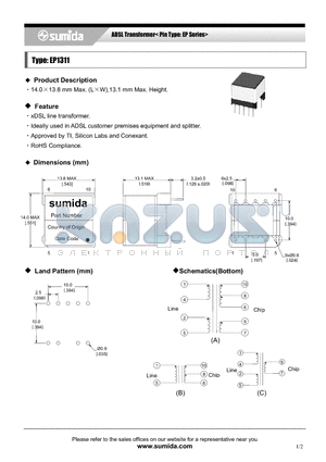 T10114 datasheet - ADSL Transformer < Pin Type: EP Series>