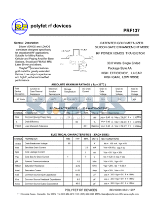 PRF137 datasheet - PATENTED GOLD METALIZED SILICON GATE ENHANCEMENT MODE RF POWER VDMOS TRANSISTOR