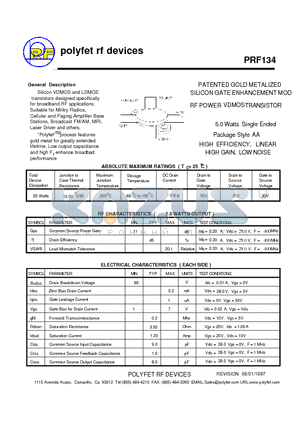 PRF134 datasheet - PATENTED GOLD METALIZED SILICON GATE ENHANCEMENT MODE RF POWER VDMOSTRANSISTOR