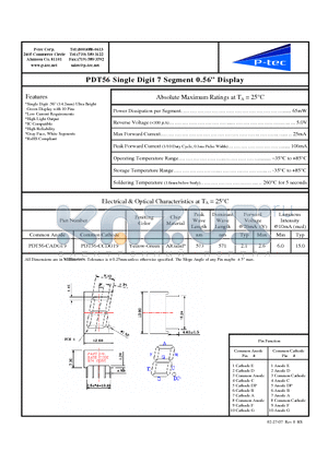 PDT56-CADG19 datasheet - Single Digit 7 Segment 0.56 Display