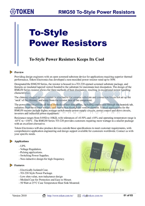 RMG50DTF0R1 datasheet - RMG50 To-Style Power Resistors