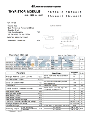 PDT6016 datasheet - THYRISTOR MODULE 60A / 1200 to 1600V