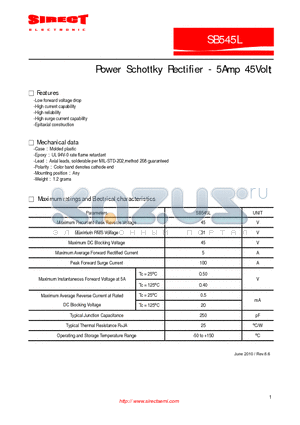 SB545L datasheet - Power Schottky Rectifier - 5Amp 45Volt