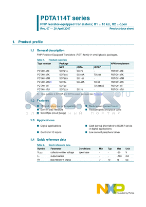 PDTA114TU datasheet - PNP resistor-equipped transistors; R1 = 10 kW, R2 = open