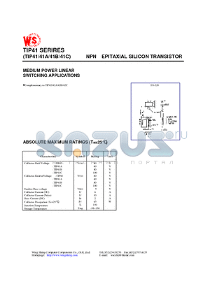 TIP41 datasheet - NPN EPITAXIAL SILICON TRANSISTOR(MEDIUM POWER LINEAR SWITCHING APPLICATIONS)