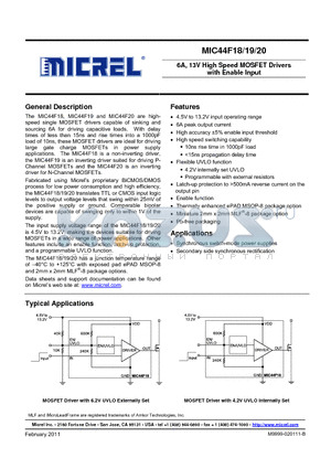MIC44F18_11 datasheet - 6A, 13V High Speed MOSFET Drivers with Enable Input