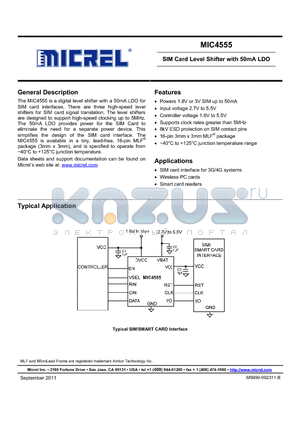 MIC4555 datasheet - SIM Card Level Shifter with 50mA LDO