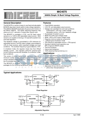 MIC4575-5.0BT datasheet - 200kHz Simple 1A Buck Voltage Regulator