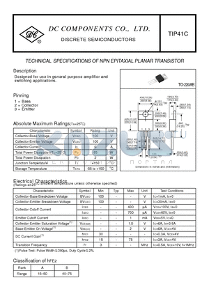 TIP41C datasheet - TECHNICAL SPECIFICATIONS OF NPN EPITAXIAL PLANAR TRANSISTOR