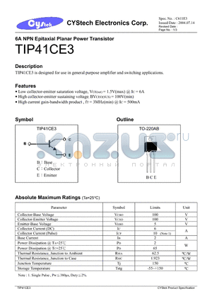 TIP41CE3 datasheet - 6A NPN Epitaxial Planar Power Transistor