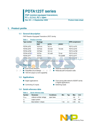 PDTA123T datasheet - PNP resistor-equipped transistors; R1 = 2.2 kW, R2 = open