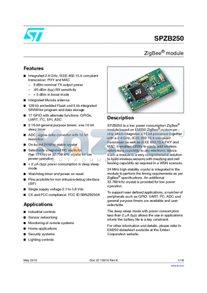 SPZB250 datasheet - ZigBee^ module