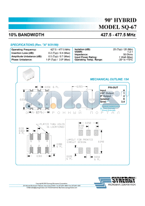 SQ-67 datasheet - 90j HYBRID 10% BANDWIDTH 427.5 - 477.5 MHz