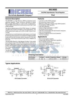 MIC4685BR datasheet - 3A SPAK SuperSwitcher Buck Regulator