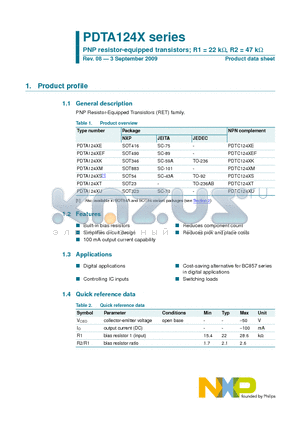 PDTA124X datasheet - PNP resistor-equipped transistors; R1 = 22 kW, R2 = 47 kW