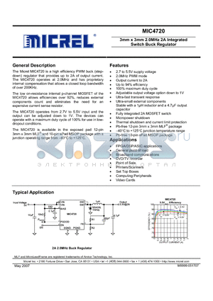 MIC4720BML datasheet - 3mm x 3mm 2.0MHz 2A Integrated Switch Buck Regulator
