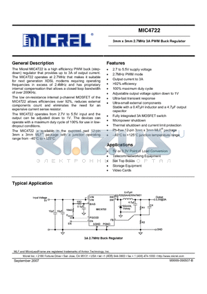 MIC4722YML datasheet - 3mm x 3mm 2.7MHz 3A PWM Buck Regulator