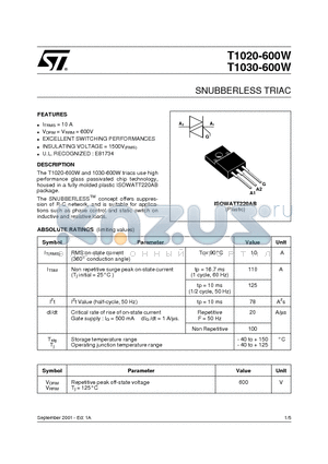 T1020-600W datasheet - SNUBBERLESS TRIAC