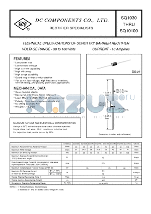 SQ1030 datasheet - TECHNICAL SPECIFICATIONS OF SCHOTTKY BARRIER RECTIFIER VOLTAGE RANGE - 30 to 100 Volts