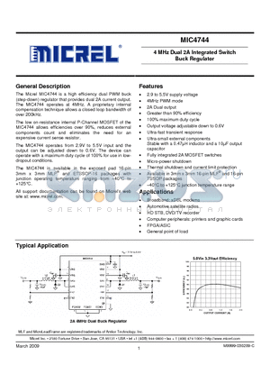 MIC4744YTSE datasheet - 4 MHz Dual 2A Integrated Switch Buck Regulator