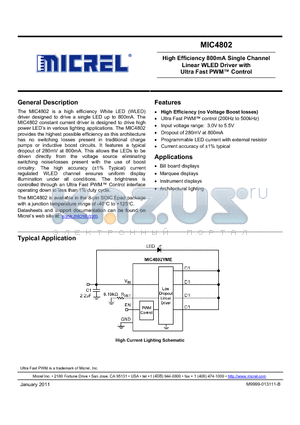 MIC4802 datasheet - High Efficiency 800mA Single Channel Linear WLED Driver with Ultra Fast PWM Control