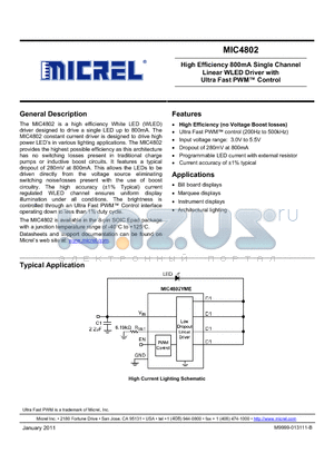 MIC4802YME datasheet - High Efficiency 800mA Single Channel Linear WLED Driver with Ultra Fast PWM Control