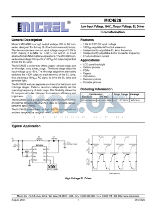 MIC4826 datasheet - Low Input Voltage, 160VPP Output Voltage, EL Driver