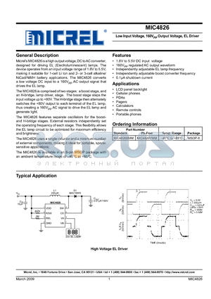 MIC4826 datasheet - Low Input Voltage, 160VPP Output Voltage, EL Driver