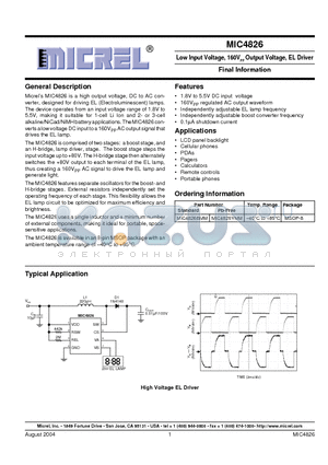 MIC4826BMM datasheet - Low Input Voltage, 160VPP Output Voltage, EL Driver