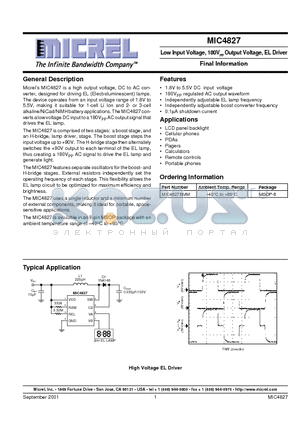 MIC4827 datasheet - Low Input Voltage, 180VPP Output Voltage, EL Driver