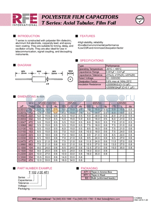 T102J2EAT1 datasheet - POLYESTER FILM CAPACITORS T Series: Axial Tubular, Film Foil