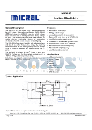 MIC4830 datasheet - Low Noise 180VPP EL Driver