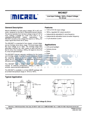 MIC4827 datasheet - Low Input Voltage, 180VPP Output Voltage, EL Driver