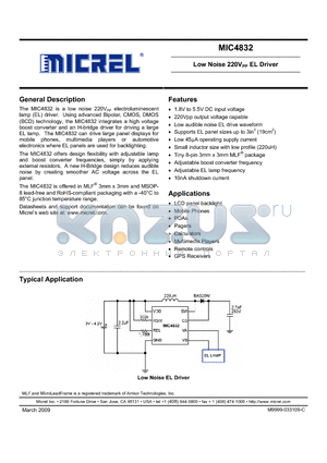 MIC4832 datasheet - Low Noise 220VPP EL Driver