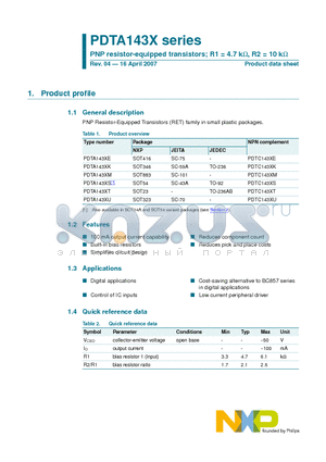 PDTA143XS datasheet - PNP resistor-equipped transistors; R1 = 4.7 kW, R2 = 10 kW