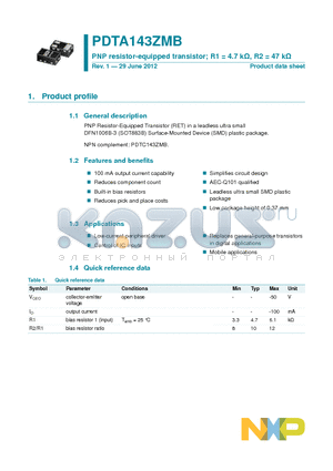 PDTA143ZMB datasheet - PNP resistor-equipped transistor; R1 = 4.7 kY, R2 = 47 kY