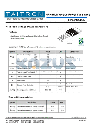 TIP47 datasheet - NPN High Voltage Power Transistors