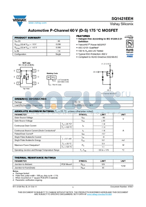 SQ1421EEH datasheet - Automotive P-Channel 60 V (D-S) 175 `C MOSFET