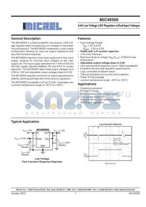 MIC49300 datasheet - 3.0A LOW VOLTAGE LDO REGULATOR W/DUAL INPUT VOLTAGES