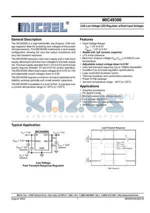 MIC49300-0.9WR datasheet - 3.0A Low Voltage LDO Regulator w/Dual Input Voltages