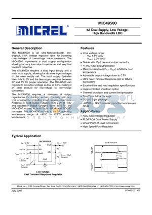 MIC49500-0.9WU datasheet - 5A Dual Supply, Low Voltage, High Bandwidth LDO