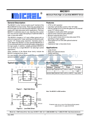 MIC5011 datasheet - Minimum Parts High- or Low-Side MOSFET Driver