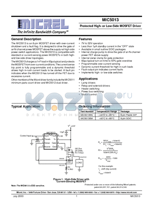 MIC5013 datasheet - Protected High- or Low-Side MOSFET Driver