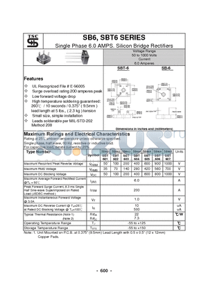 SB605 datasheet - Single Phase 6.0 AMPS. Silicon Bridge Rectifiers