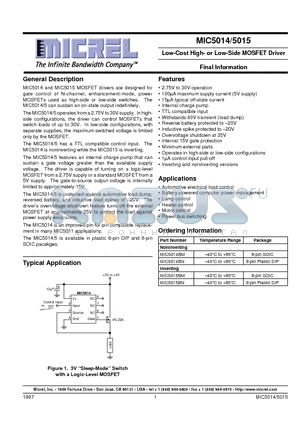 MIC5014BN datasheet - Low-Cost High- or Low-Side MOSFET Driver Final Information