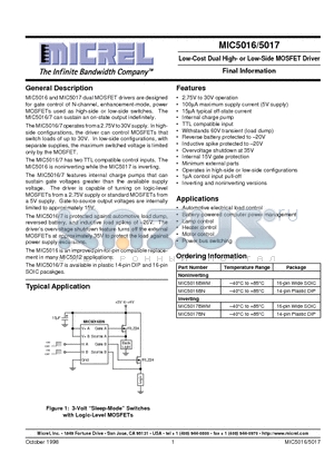 MIC5016 datasheet - Low-Cost Dual High- or Low-Side MOSFET Driver