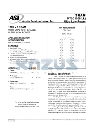 MT5C1008C-30LL/MIL datasheet - 128K x 8 SRAM WITH DUAL CHIP ENABLE ULTRA LOW POWER